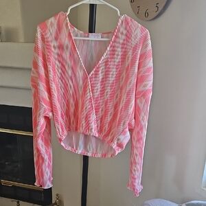 Pink Lily Coral-Pink Pleated V-Neck Blouse